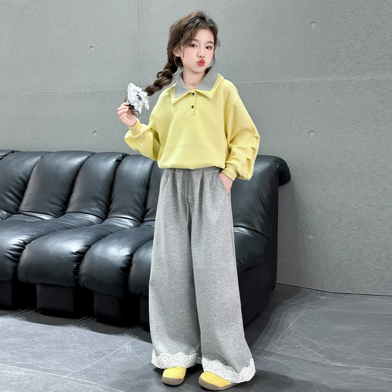 女童春秋套装2025新款洋气时髦大童polo领卫衣秋季儿童休闲阔腿裤