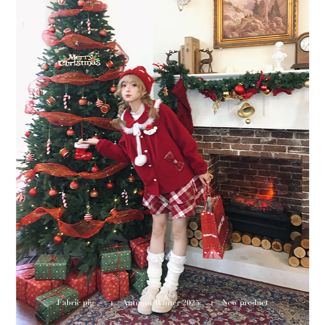 红酒甜樱 织物猪原创 甜美风毛呢外套女冬季圣诞跨年穿搭大衣短裙