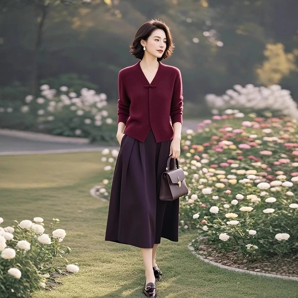 独特漂亮小个子国风减龄酒红色针织衫半身裙子2025年新款女装套装