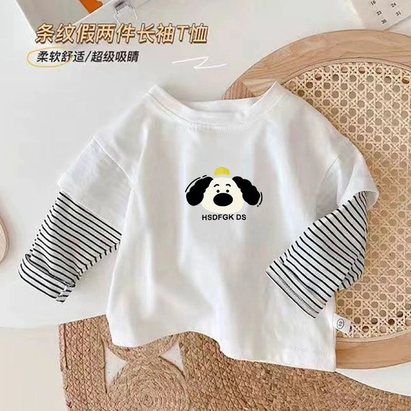 100%纯棉儿童韩版假两件长袖T恤2025春秋新款印花条纹上衣打底衫