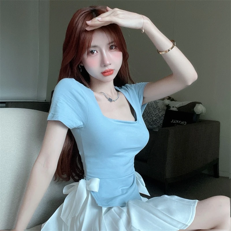 简约气质纯欲风侧边蝴蝶结长袖T恤套装女高腰百褶半身裙子两件套