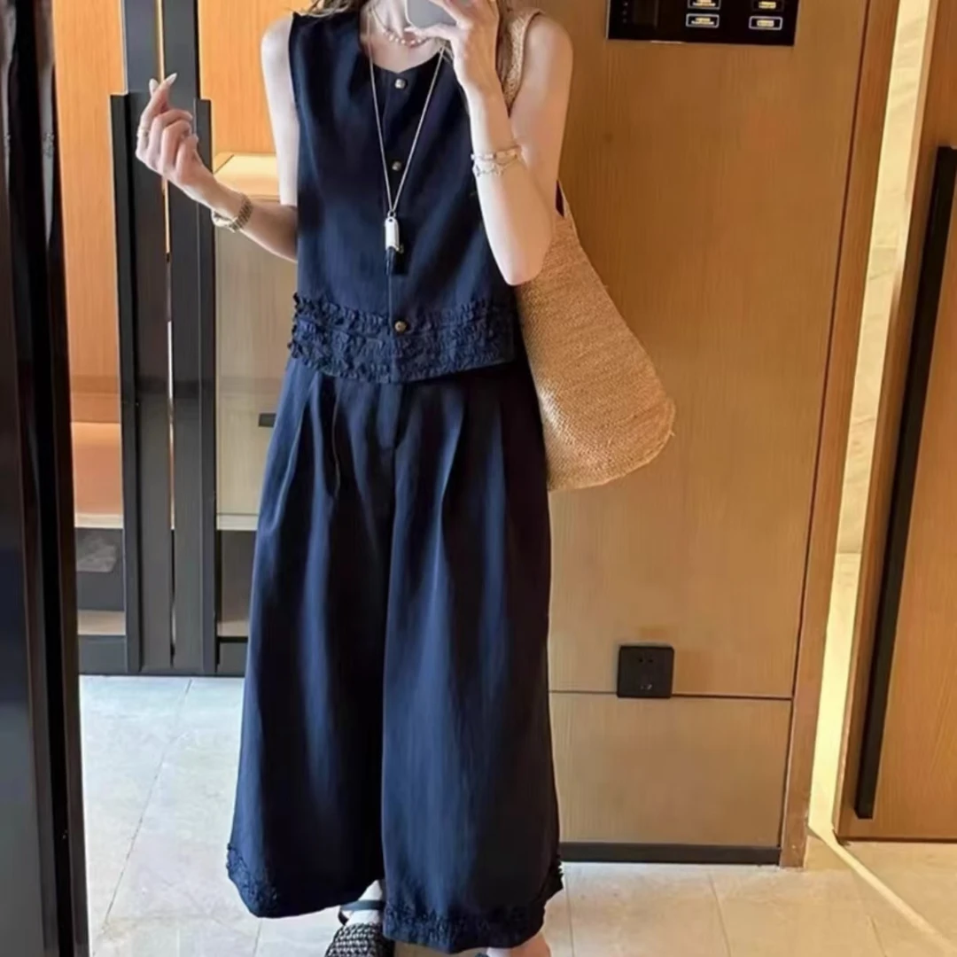 木耳边拼接无袖马甲上衣阔腿裤两件套2538.(衣长51裤长92).03559