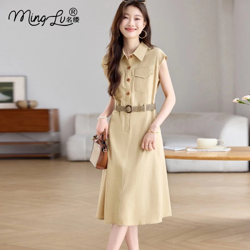 法式polo领亚麻连衣裙夏季2025新款轻奢高级感显瘦今年流行的裙子