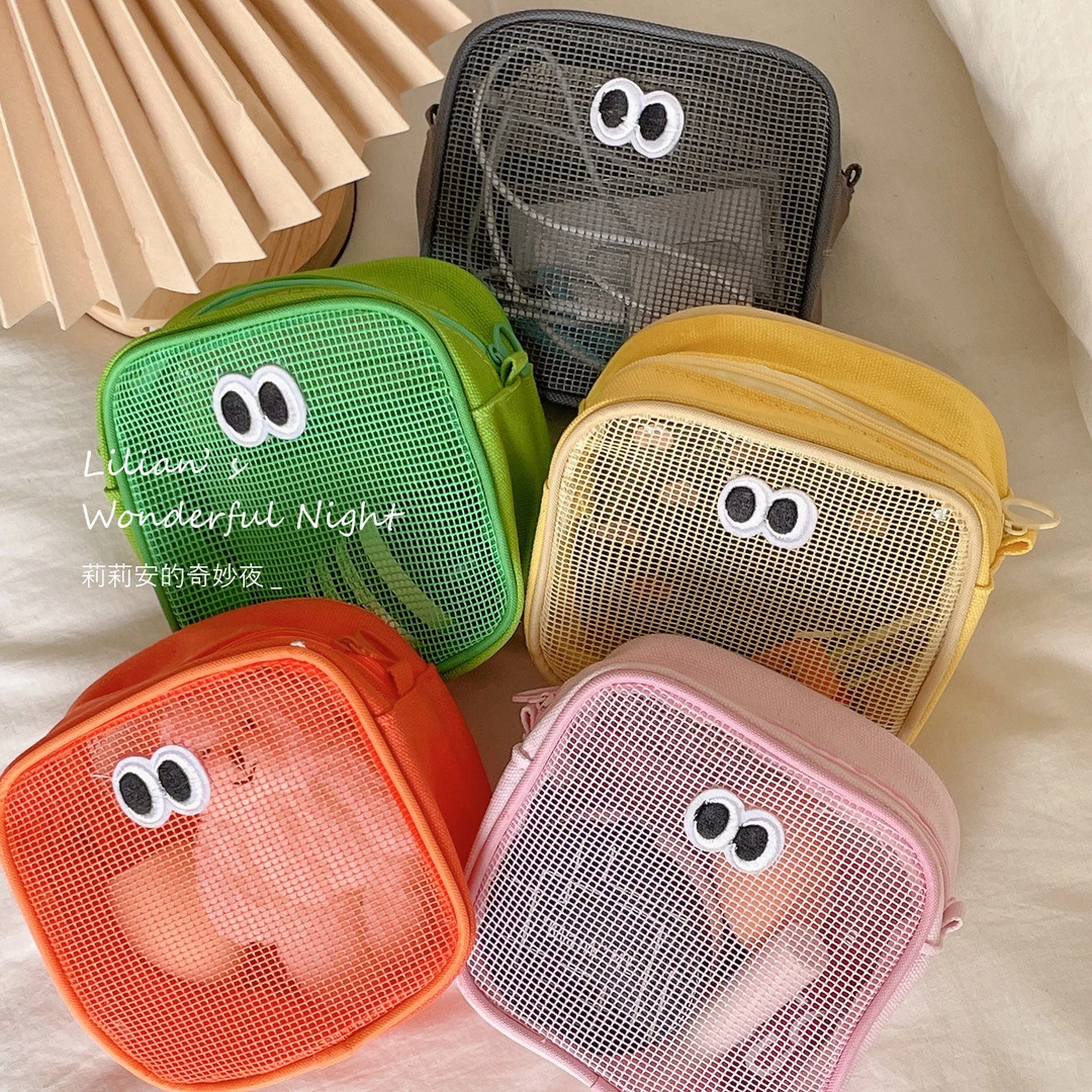 韩国大眼包化妆包韩国简约立方体式多功能纯色网纱便携拉链透视