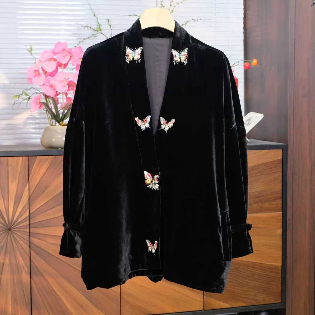 真丝丝绒开衫外套女春季新款重工刺绣宽松百搭气质桑蚕丝上衣