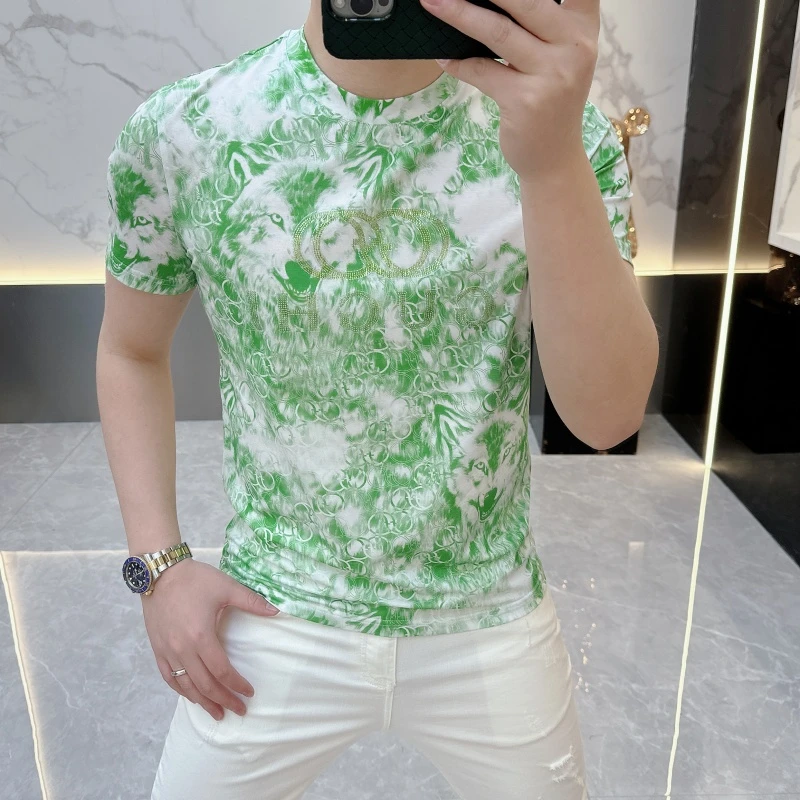 欧货2025夏季潮牌轻奢印花短袖T恤男时尚修身百搭圆领休闲T恤衫