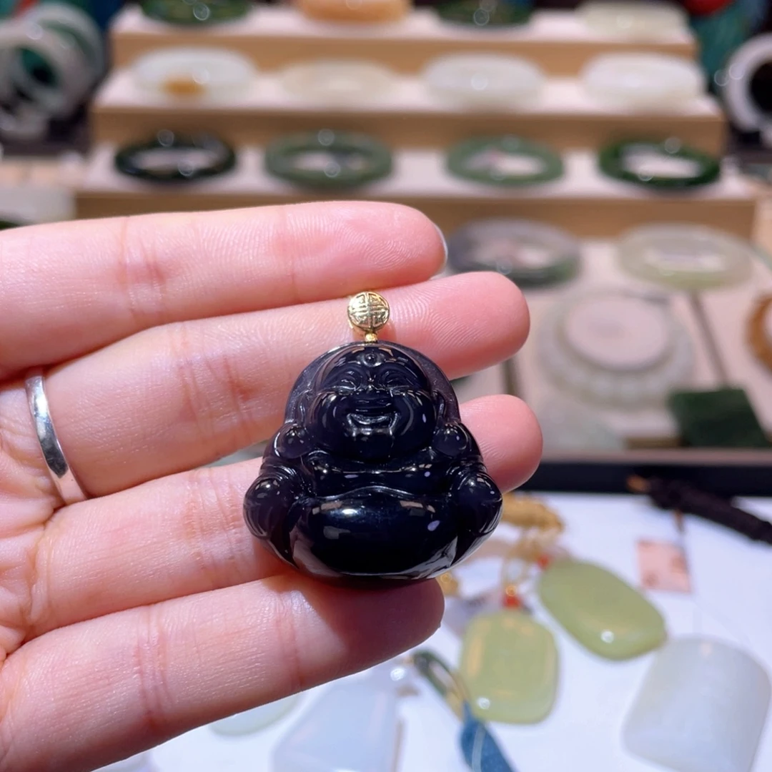 颈饰18K金镶嵌和田玉高品皇家紫佛公