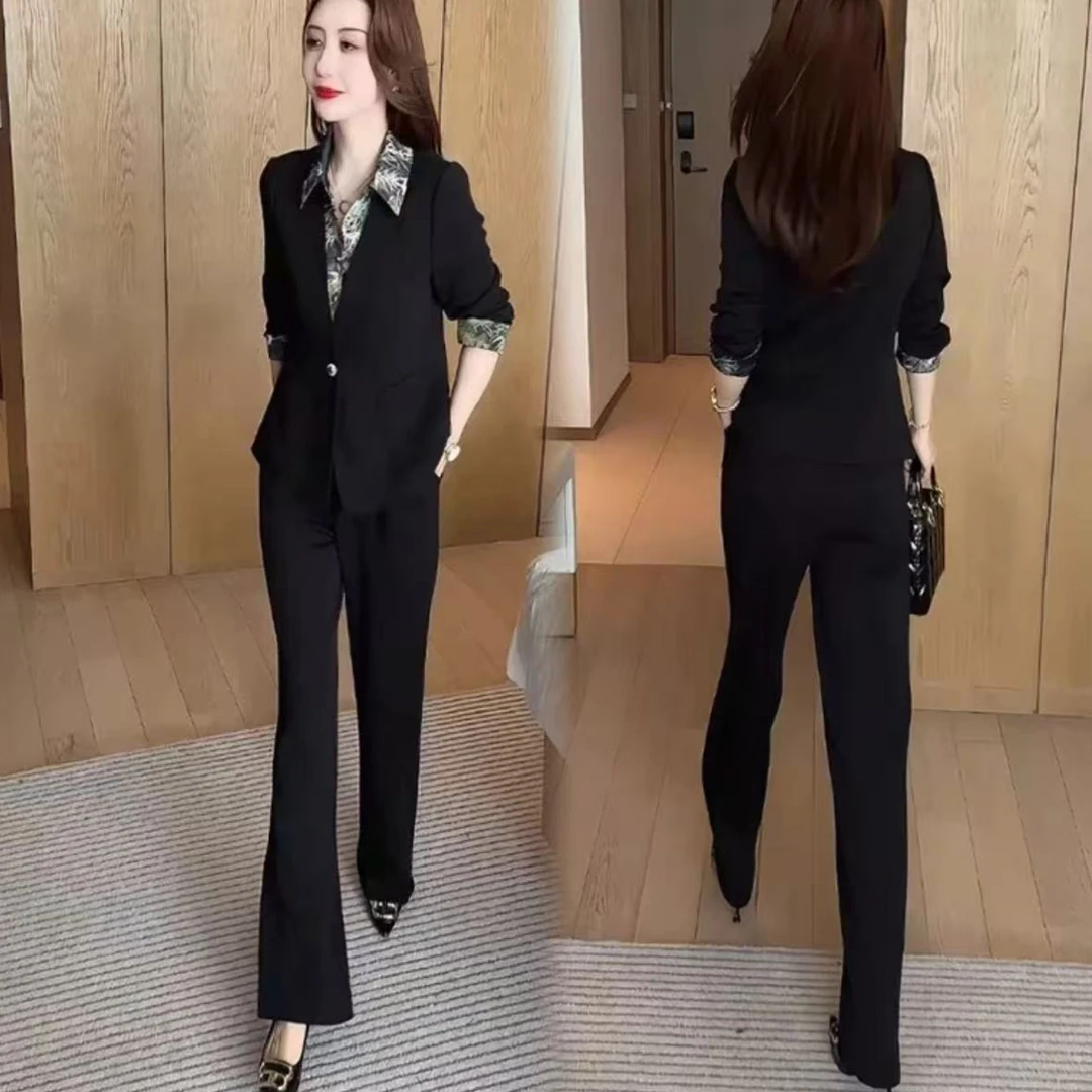 821#【衣长58裤长98】春秋新款时尚气质休闲显瘦减龄假两件西装套装