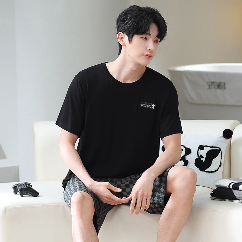 夏季莫代尔男士冰丝短袖短裤男士家居服青少年流光风套装平价上衣