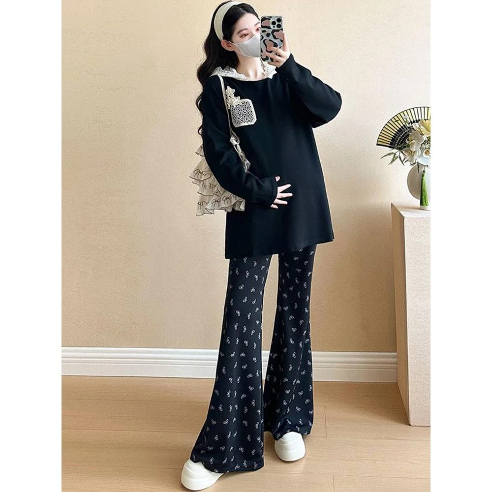 孕妇套装时尚洋气时髦春季2025新款宽松黑色两件套小香风春秋装女