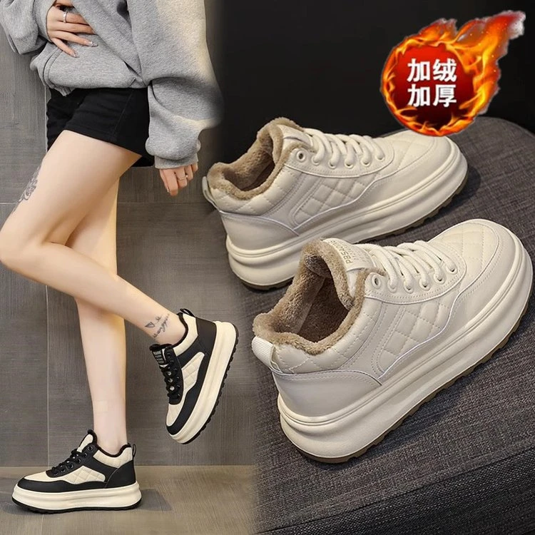 外贸厚底加绒高帮休闲鞋女冬新款百搭舒适运动板鞋保暖二棉鞋