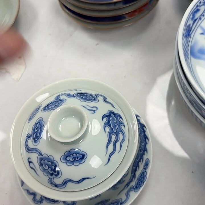 瓷片青花铠甲龙三才元宝盖碗景德镇