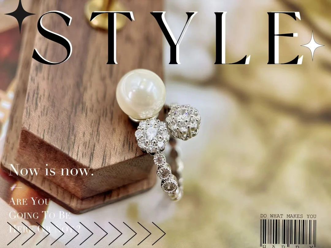 铜合金戒指 气质小众双花开口戒镶嵌满钻百搭开口戒轻奢时尚款