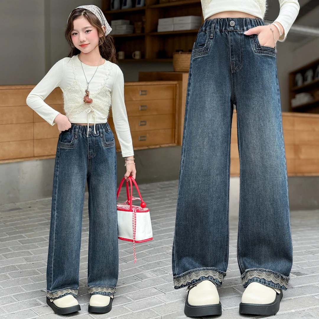 女童加厚牛仔裤儿童窄版阔腿裤春秋中大童秋冬加绒洋气高腰直筒裤