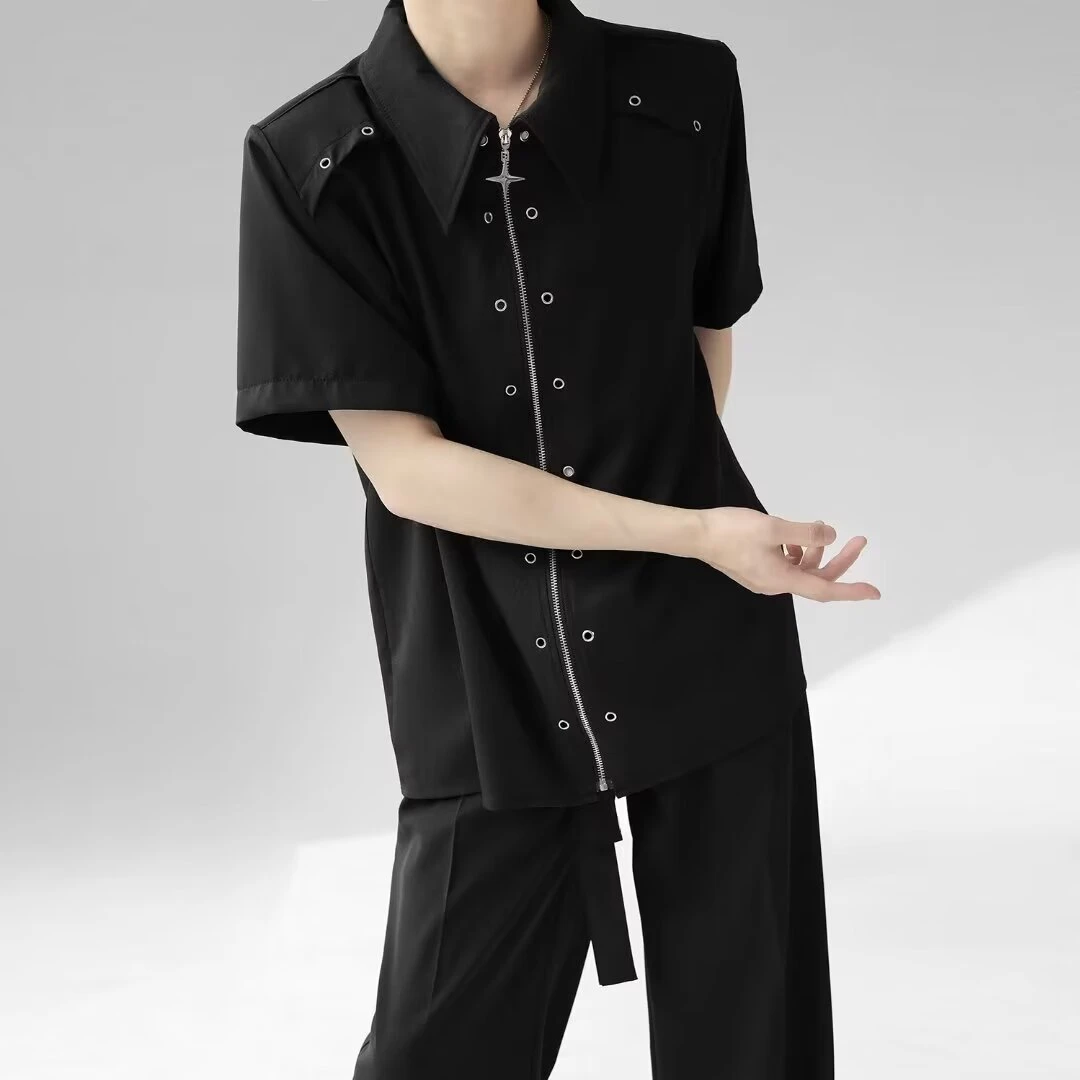 夏季小众金属解构设计感垫肩衬衫男女高级感痞帅宽松拉链短袖衬衣