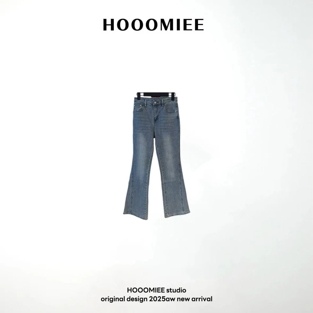 Hooomiee设计感水洗斜纹微喇显瘦修身女士牛仔裤A27