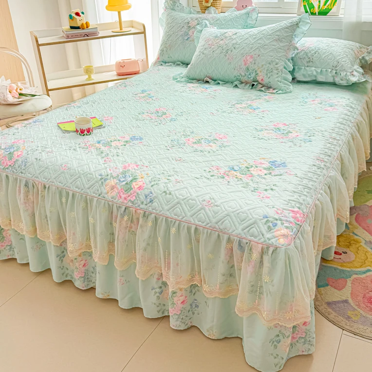 小清新碎花全棉夹棉床裙单件纯棉加厚床罩蕾丝公主风四季防滑床单