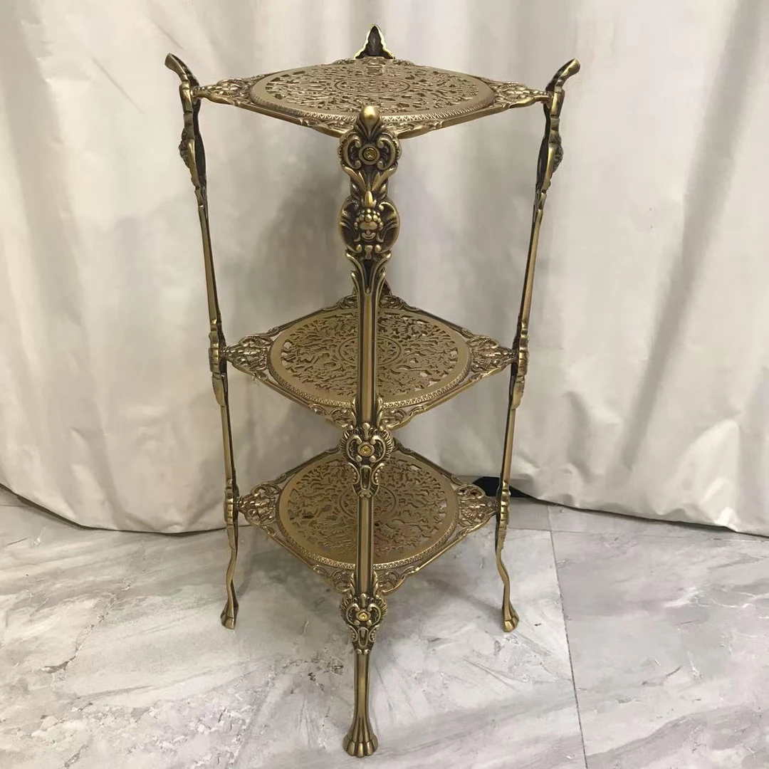 【务美艺术】黄铜镂空雕花三层架边几茶几（09108）