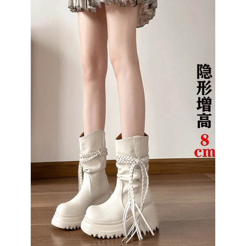 巨显高~厚底白色短靴女秋冬复古废土风流苏褶皱堆堆靴中筒靴真皮
