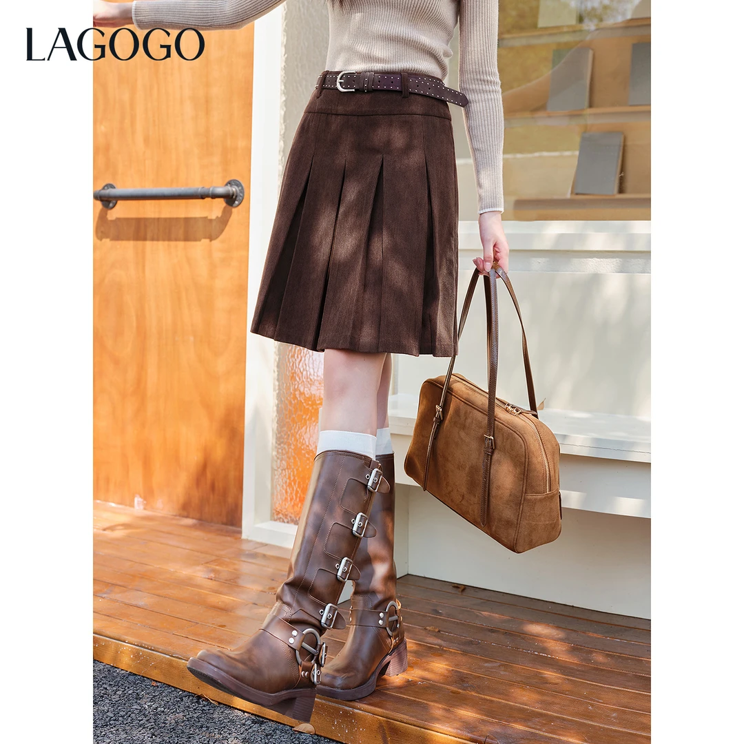 lagogo拉谷谷2025年新款美拉德复古灯芯绒百褶半裙女OCBB239G30