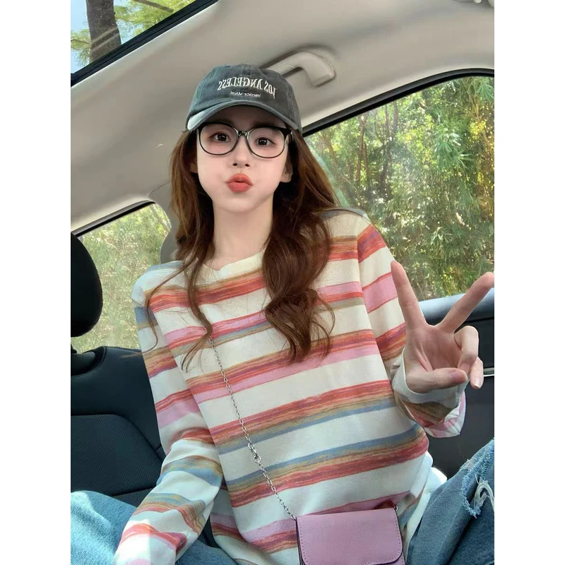 复古撞色条纹纯棉长袖t恤女2025新款冬季正肩宽松显瘦打底衫上衣