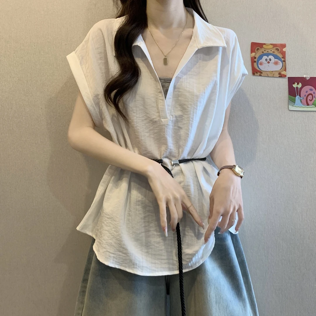 大码女装胖mm设计感假两件正肩v领衬衫夏季收腰显瘦气质上衣短袖