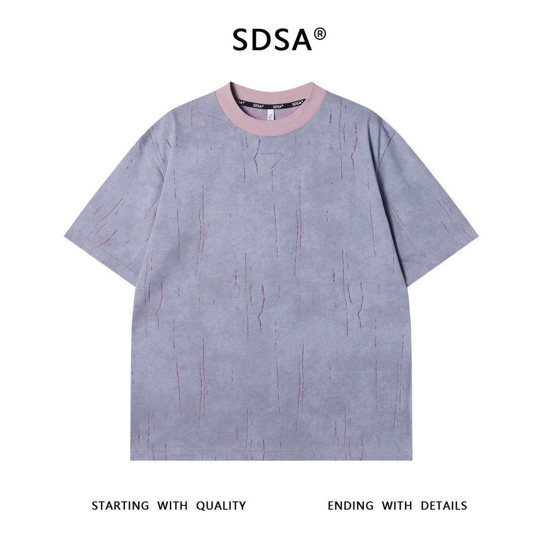 夏季高级感新款男士美式磨破倒三角圆领短袖T恤宽松潮流宽松上衣