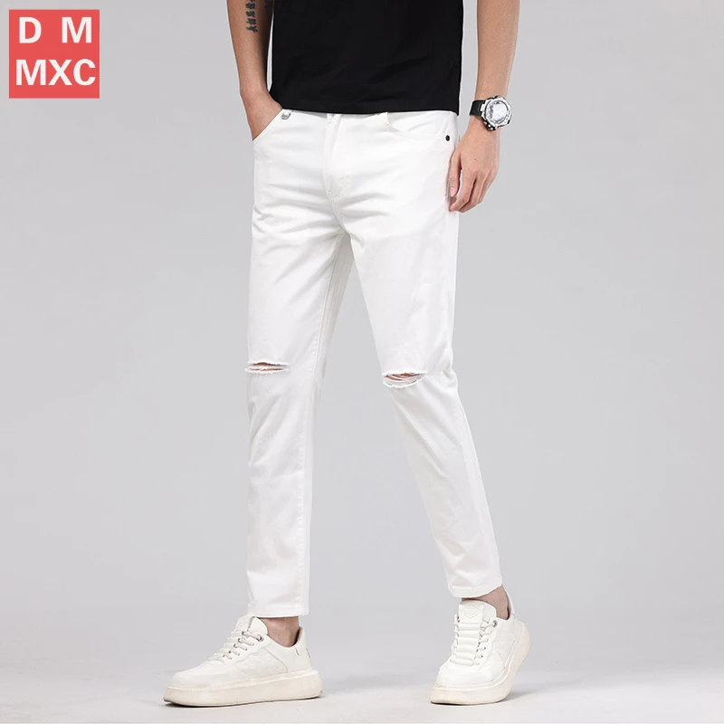 春季黑色九分裤男牛仔裤一字破洞直筒修身弹力休闲裤潮流小脚裤子