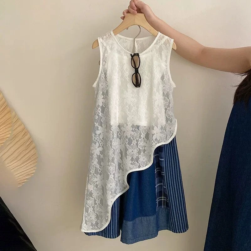 戴维贝啦【断码】女童夏款套装2025新款潮中大童女孩无袖背心吊带条