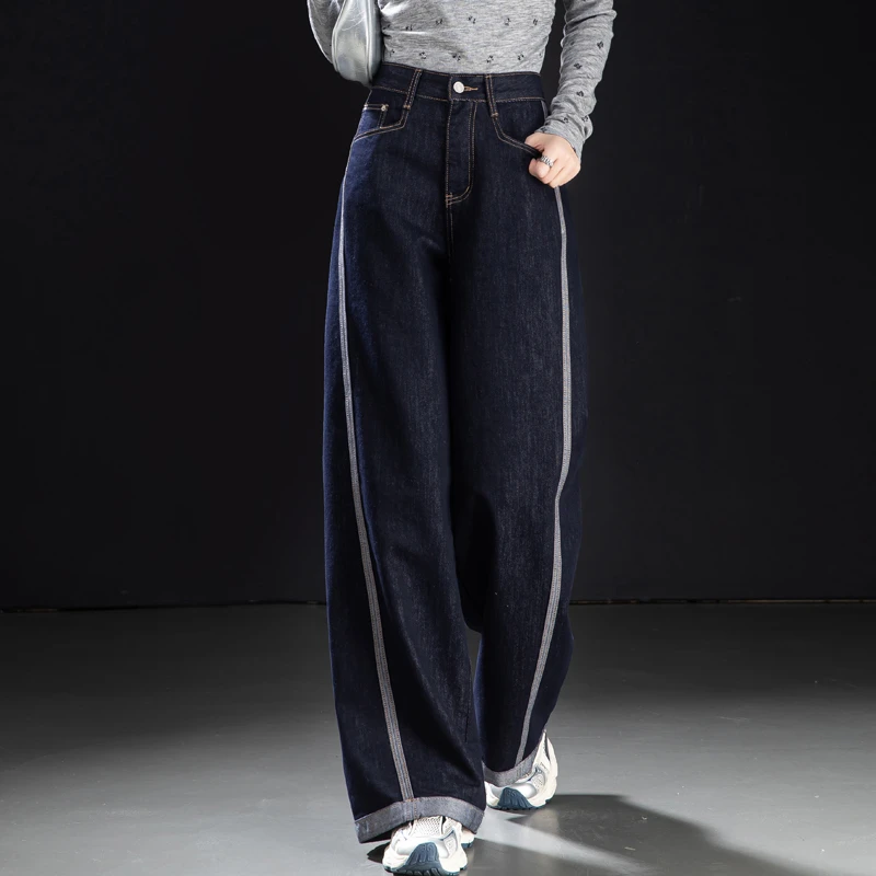防掉色牛仔裤阔腿宽松裤子女款爆款2025新款撞色拼接高腰直筒裤女