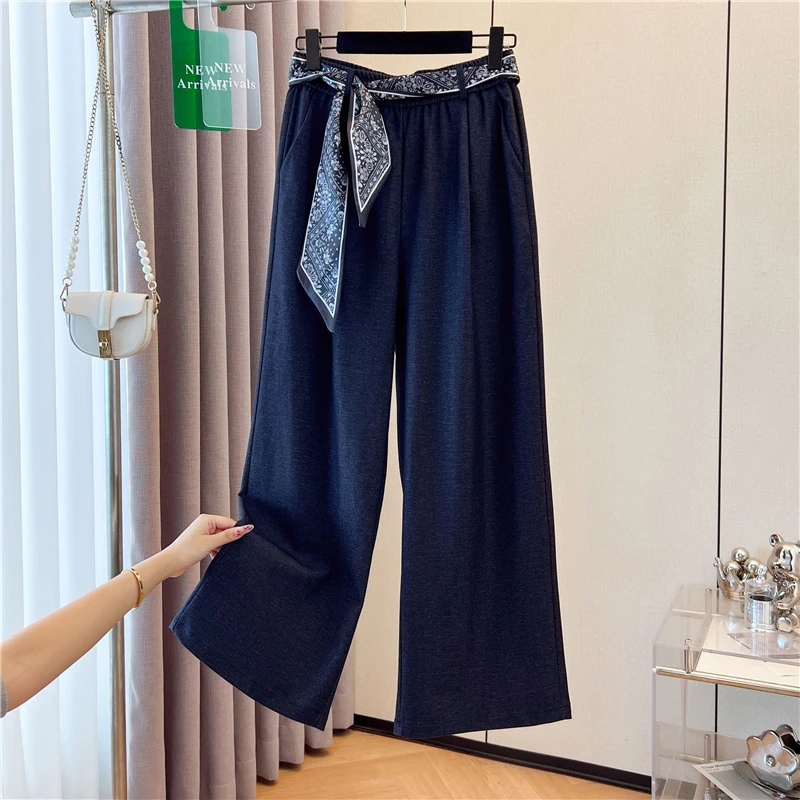 丝带休闲阔腿裤女秋季韩版系带松紧腰显瘦直筒裤小个子拖地裤宽松
