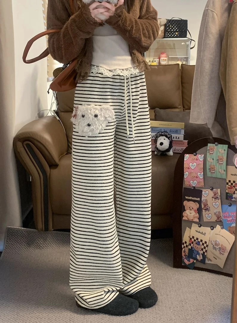 450克加绒加厚毛绒小狗条纹休闲裤冬季新款高腰显瘦阔腿裤长裤女