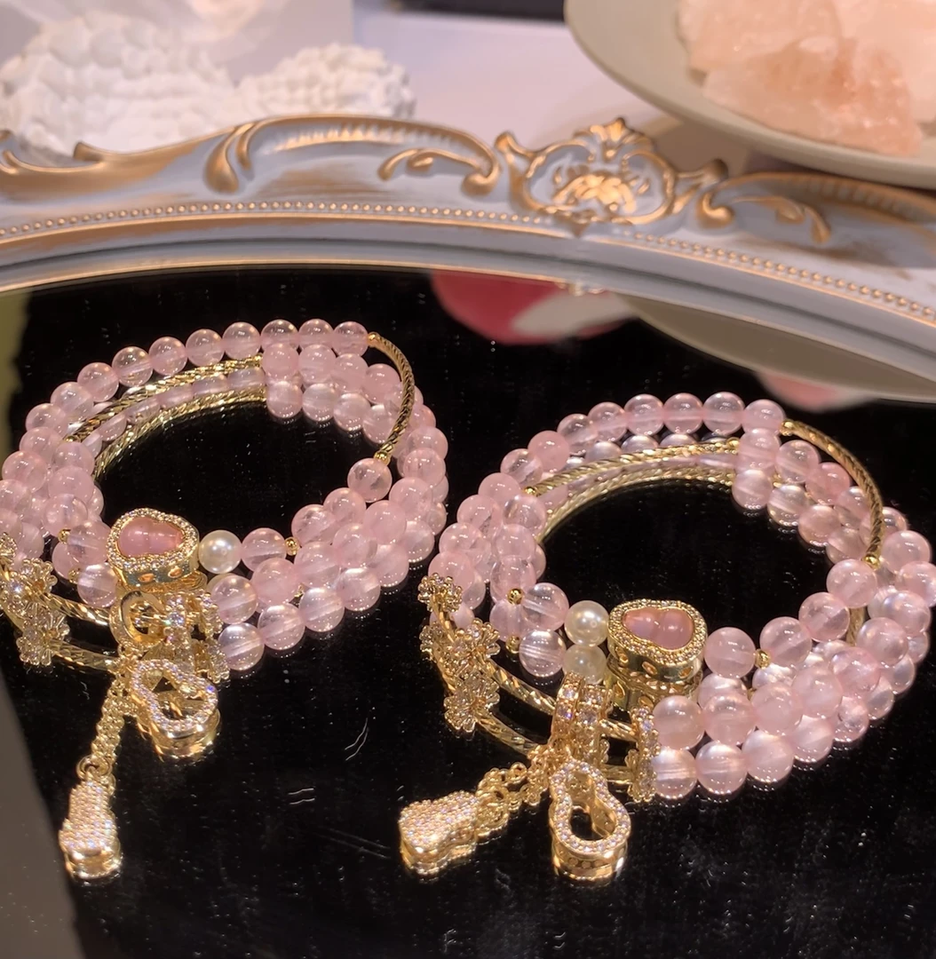 【等烟雨粉】双圈粉水晶搭葫芦和葫芦吊坠款手串y88