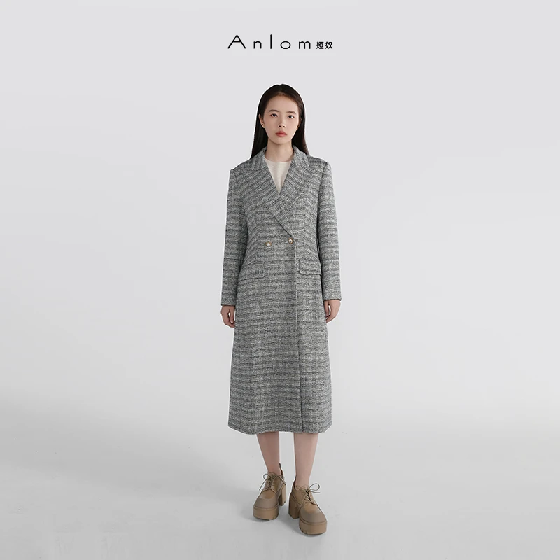 Anlom/娅奴秋冬新款翻领黑白金色单排扣休闲通勤御寒保暖长外套