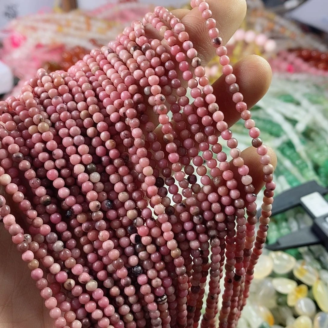 玛瑙/玉髓珠宝半成品合金一条天然3.3mm粉蔷薇石圆珠