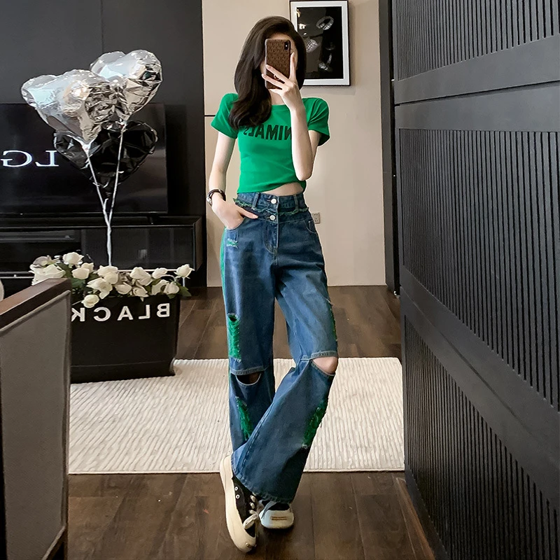 美式洋气潮牌破洞牛仔裤女夏季显瘦高腰直筒长裤辣妹短袖T恤上衣
