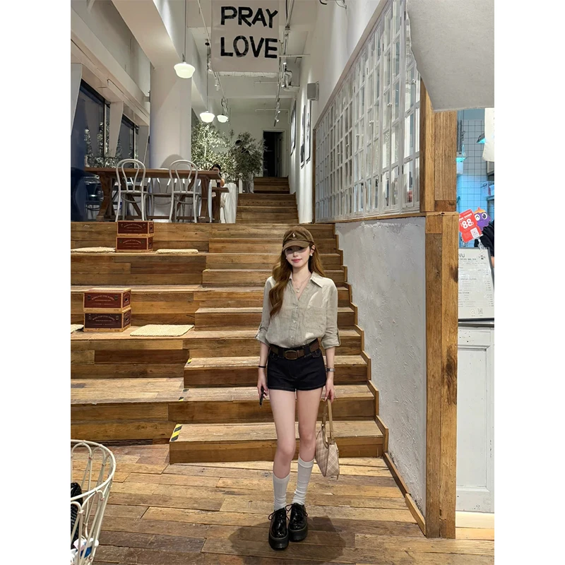 女生韩系ins衣服宽松百搭长袖衬衫上衣2025夏季高腰显瘦短裤套装