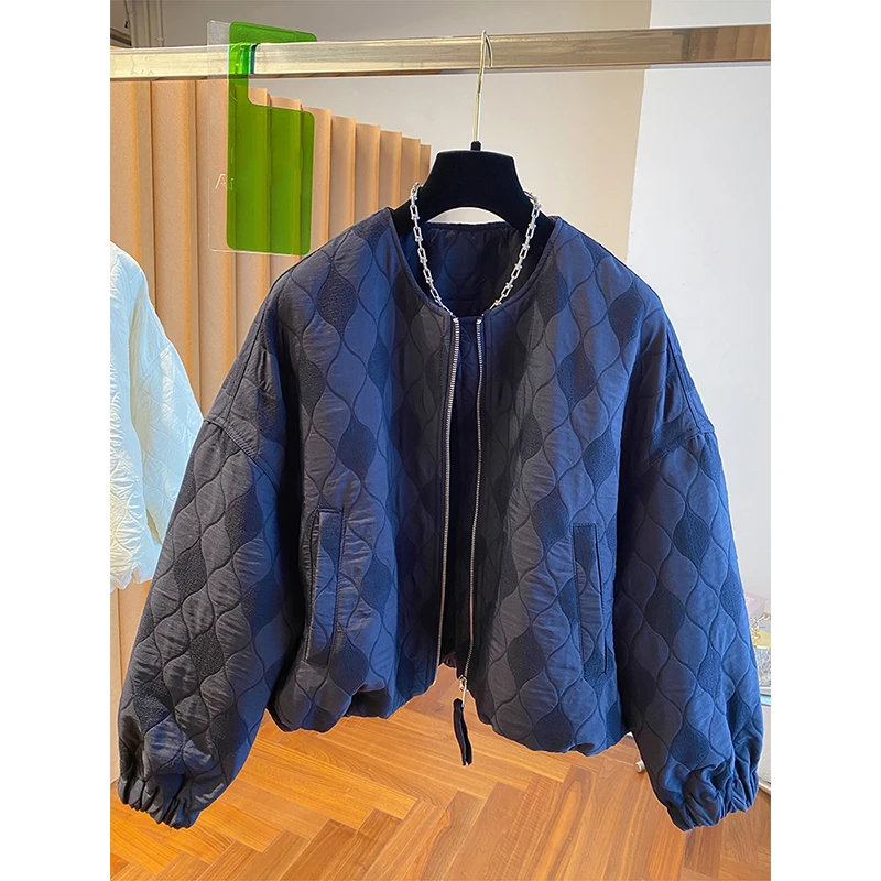 韩国高级感菱格夹棉外套冬季新款大码胖MM宽松超好看轻薄棉衣棉服