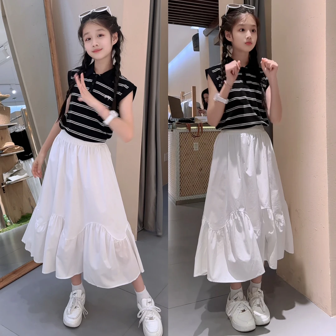 女童夏季套装2025新款洋气儿童无袖条纹polo衫搭白色半身裙两件套