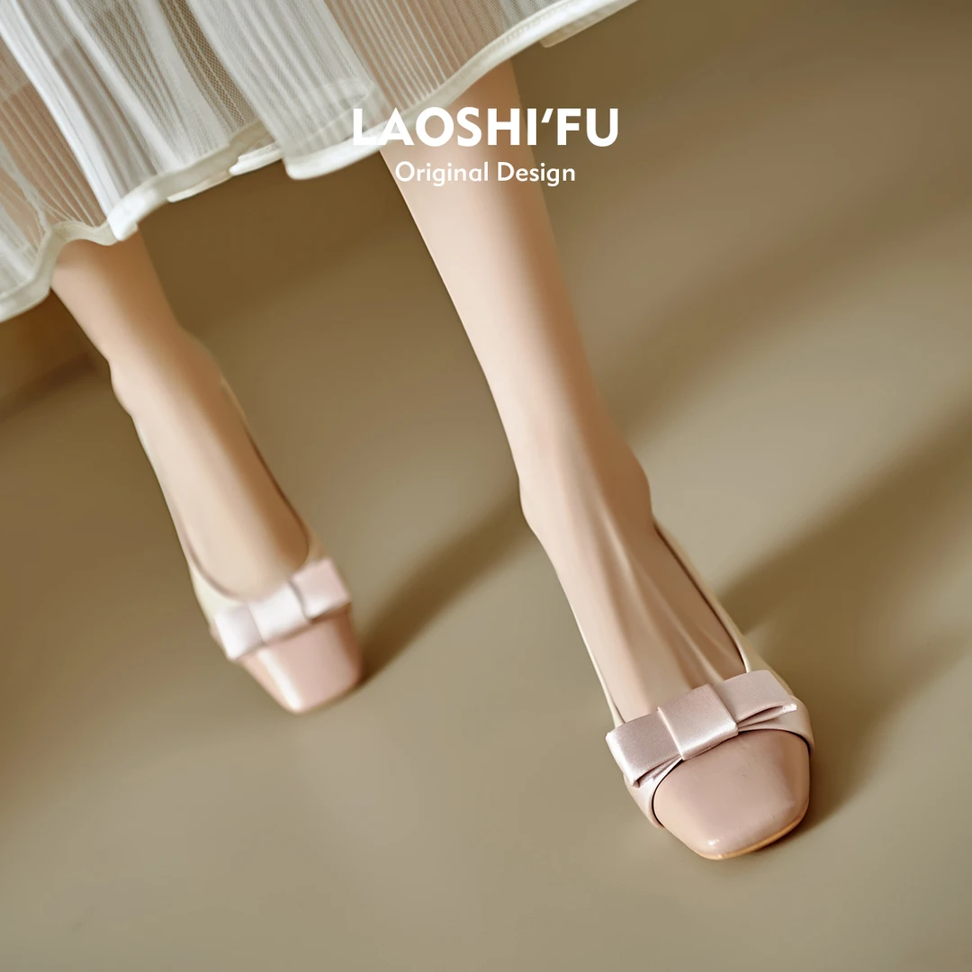 羊皮版！法式蝴蝶结方头粗跟单鞋女2025新款温柔名媛仙女风高跟鞋