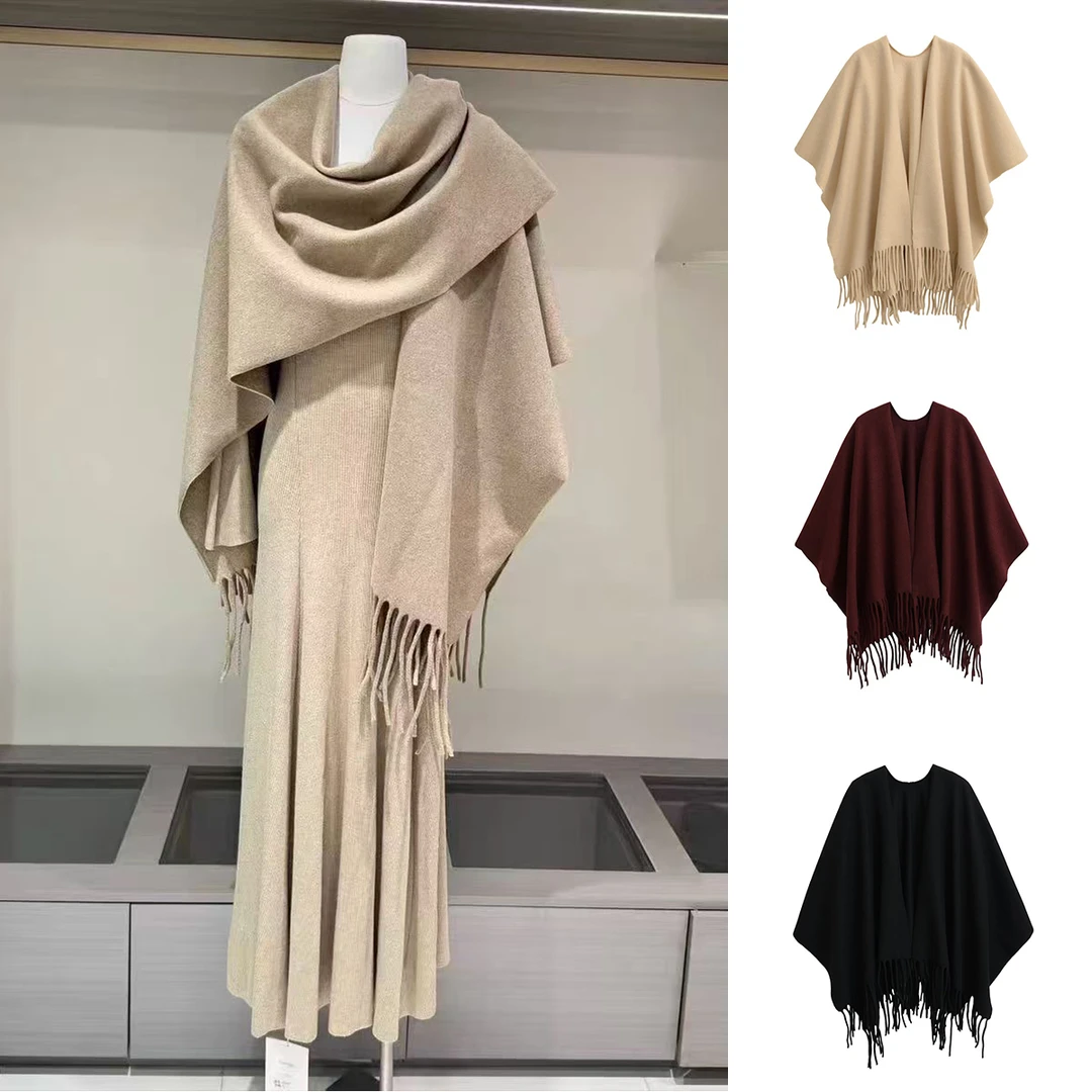 C5149纯色流苏秋冬保暖披肩