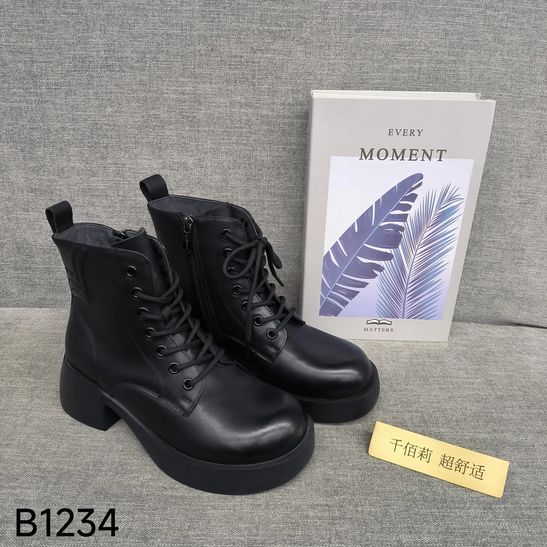 Qin&beale/千佰莉 B1234全牛皮橡胶底 薄棉 女靴 休闲百搭福利款