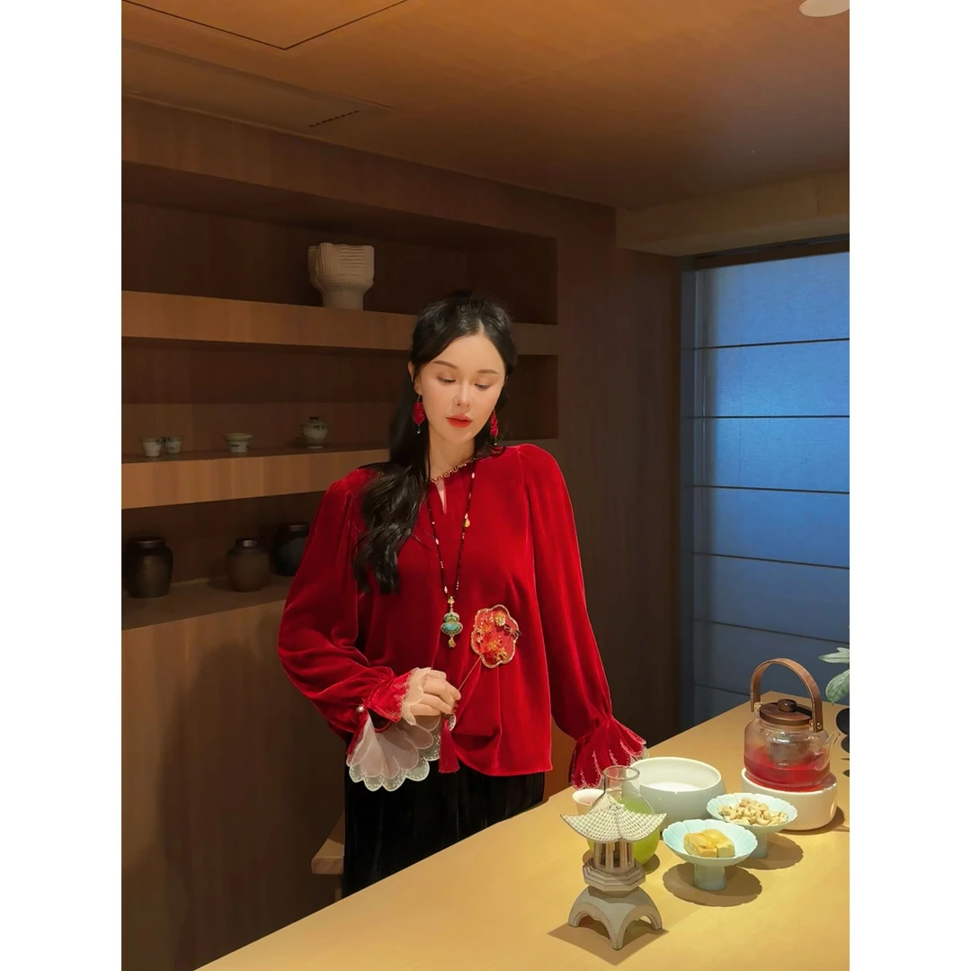 飞儿【晶霜袖口】2026春季新款丝绒时尚百搭气质衬衫上衣