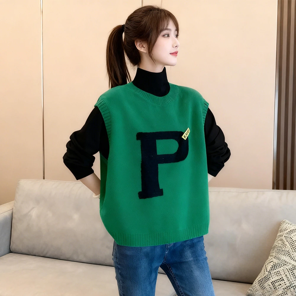 圆领无袖打底针织马甲女秋冬新款内搭显瘦减龄拼接字母休闲背心潮