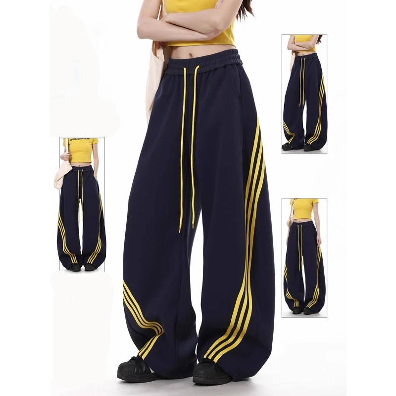 大码300斤美式三条杠弯刀卫裤女春夏薄款宽松跳舞阔腿休闲运动裤