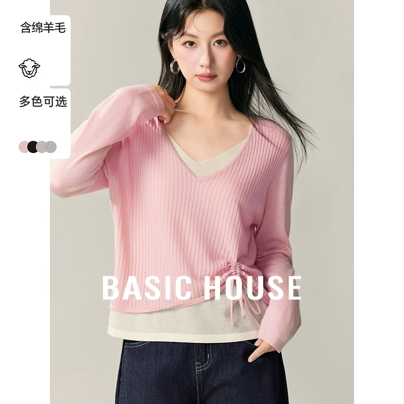 Basic House/百家好假两件休闲时尚设计款长袖针织衫-B0624S5E432