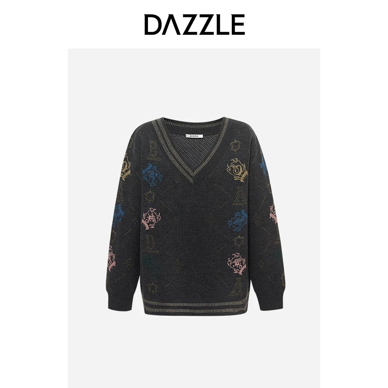DAZZLE地素法式慵懒V领提花针织毛衣2E3E4326G