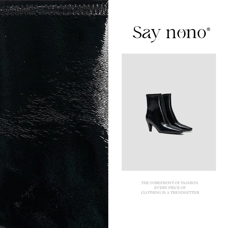 Say  nono  头层细皱羊漆皮亮面时髦高跟百搭时装靴5cm