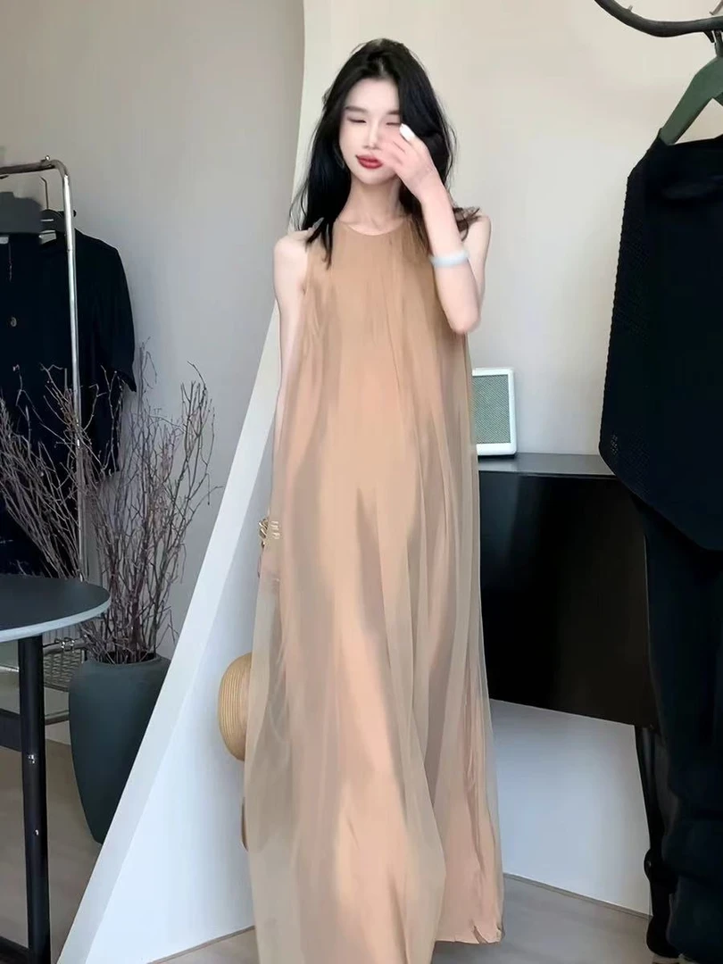 法式气质无袖连衣裙夏季宽松显瘦网纱拼接遮肉长裙