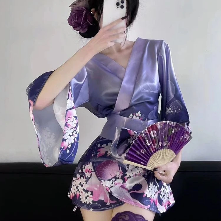 性感深V狐梦二次元开襟日系和服装复古印花睡衣套装